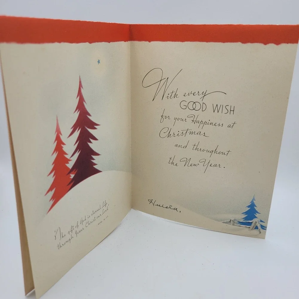 Vintage Merry Christmas Card, Glitter Trees‎ Cottage USA Made Religious Verse